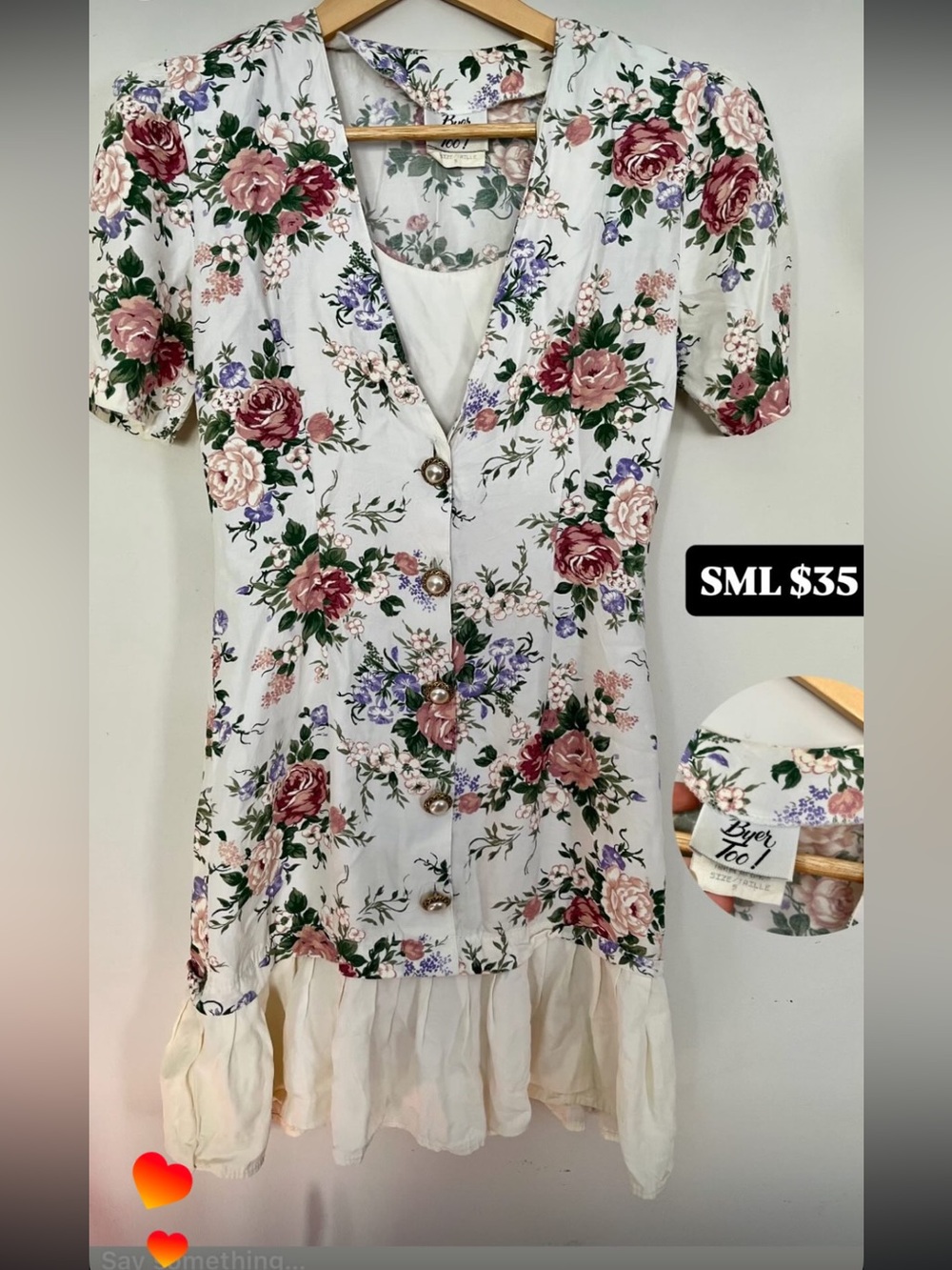 White Floral Button-Front Dress with Ruffle Hem